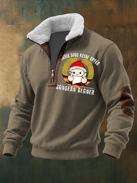Herren Khaki "Ossis Sind Keine Opfer" Print Sherpa-Gelinierte Reiß verschluss Hoodie