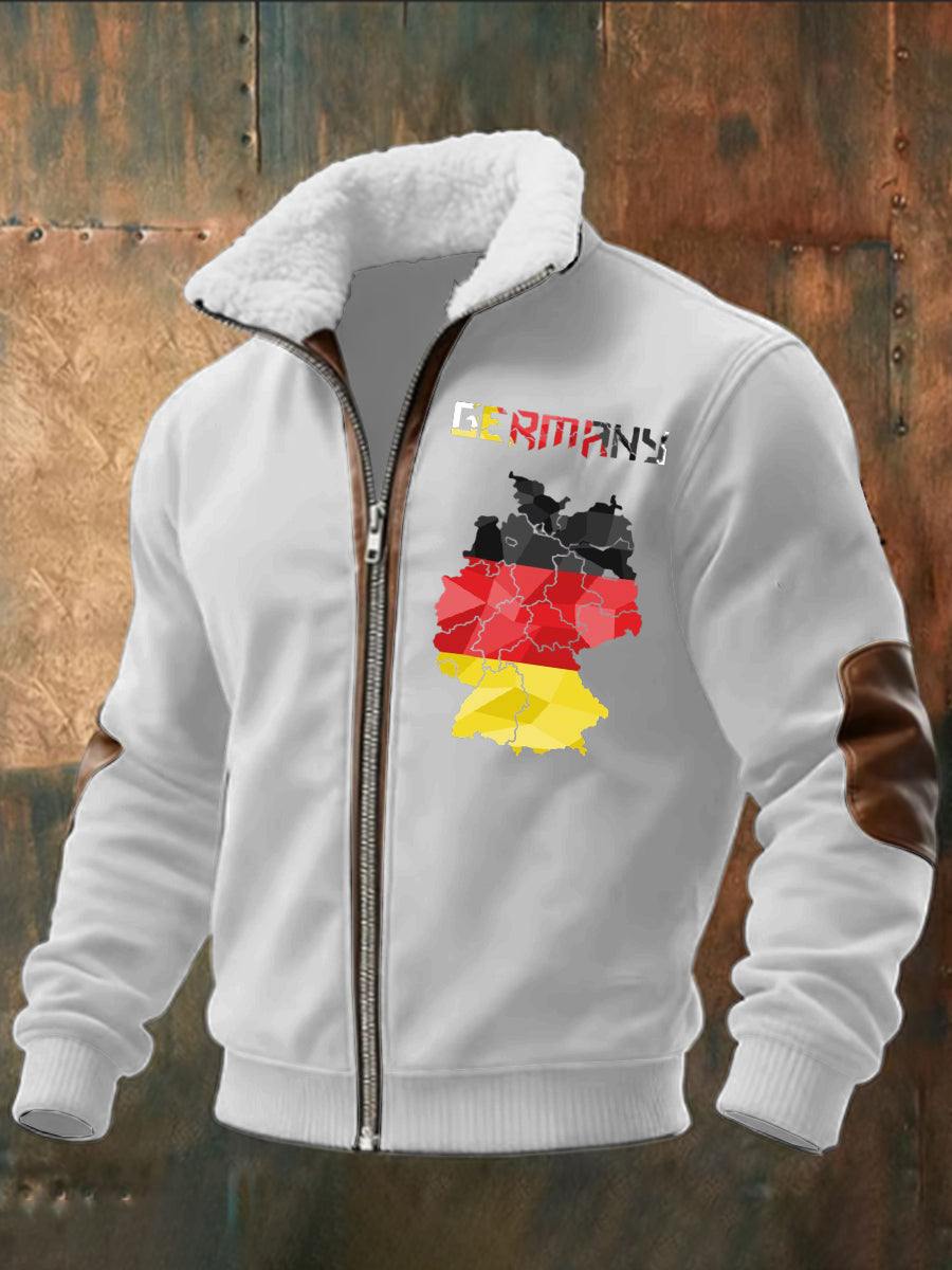 Herren Weiß Geometrische Deutschland Karte Druck Sherpa-Gelinierte Zip Jacke