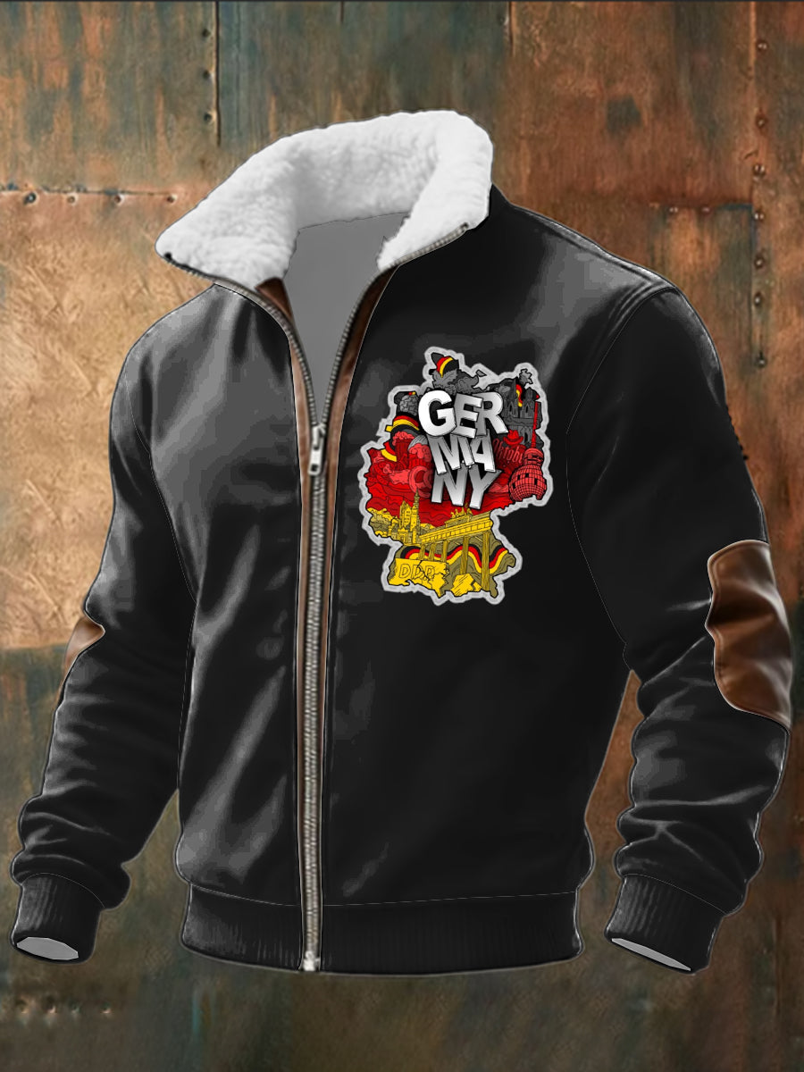 Herren schwarze Deutschland karte & Stadt druck Sherpa-Gelinierte Zip Jacke