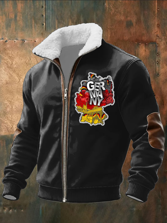 Herren schwarze Deutschland karte & Stadt druck Sherpa-Gelinierte Zip Jacke