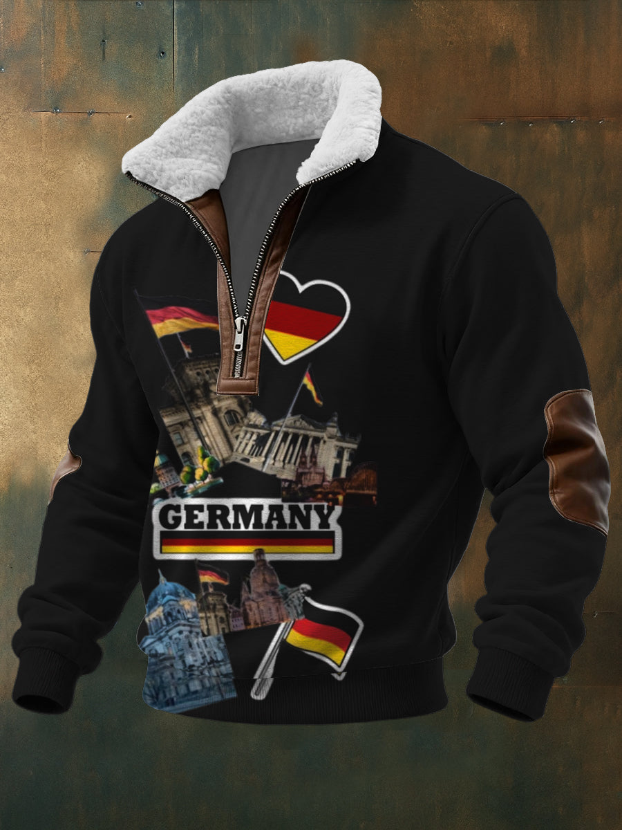 Herren Schwarz Deutschland Wahrzeichen & Herz druck Sherpa-Gelinierte Reiß verschluss Hoodie