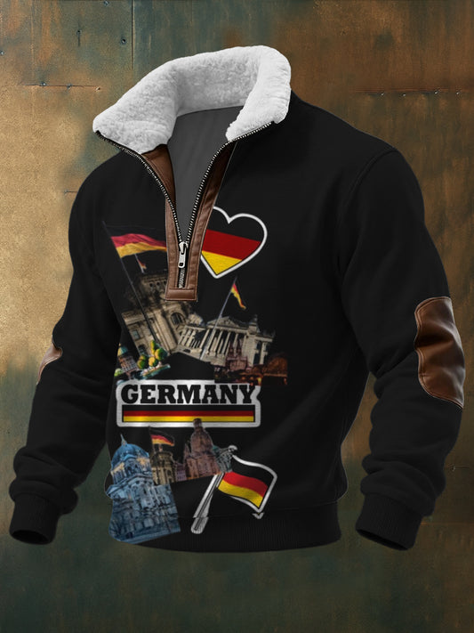 Herren Schwarz Deutschland Wahrzeichen & Herz druck Sherpa-Gelinierte Reiß verschluss Hoodie