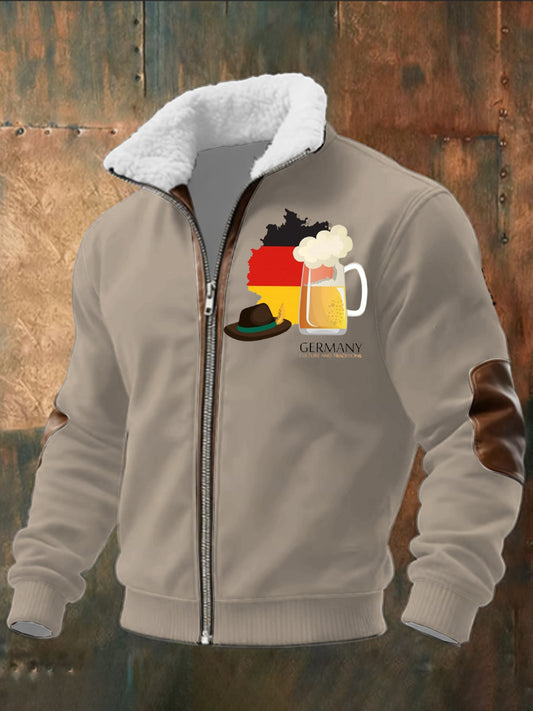Herren Beige Deutschland Flagge & Bier Print Sherpa-Gelinierte Zip Jacke