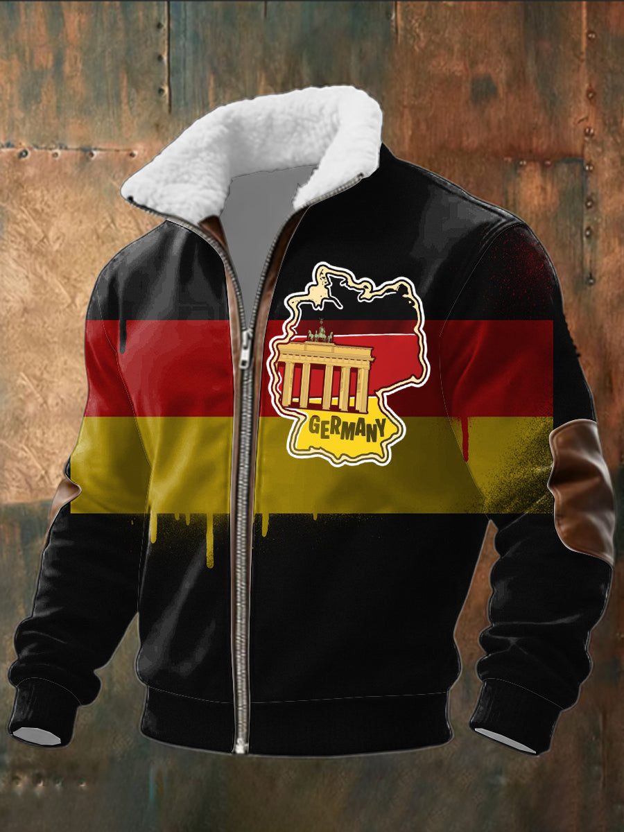 Herren schwarze Deutschland Karte & Brandenburger Tor Print Sherpa-Gelinierte Zip Jacke