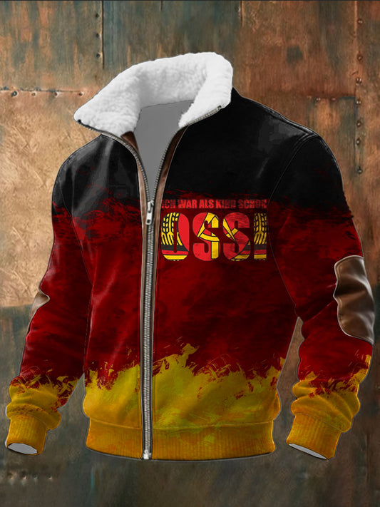 Herren-Rot & Gelb "Ich Krieg Als Kind Schon Ossi" Print Sherpa-Gelinierte Zip-Jacke