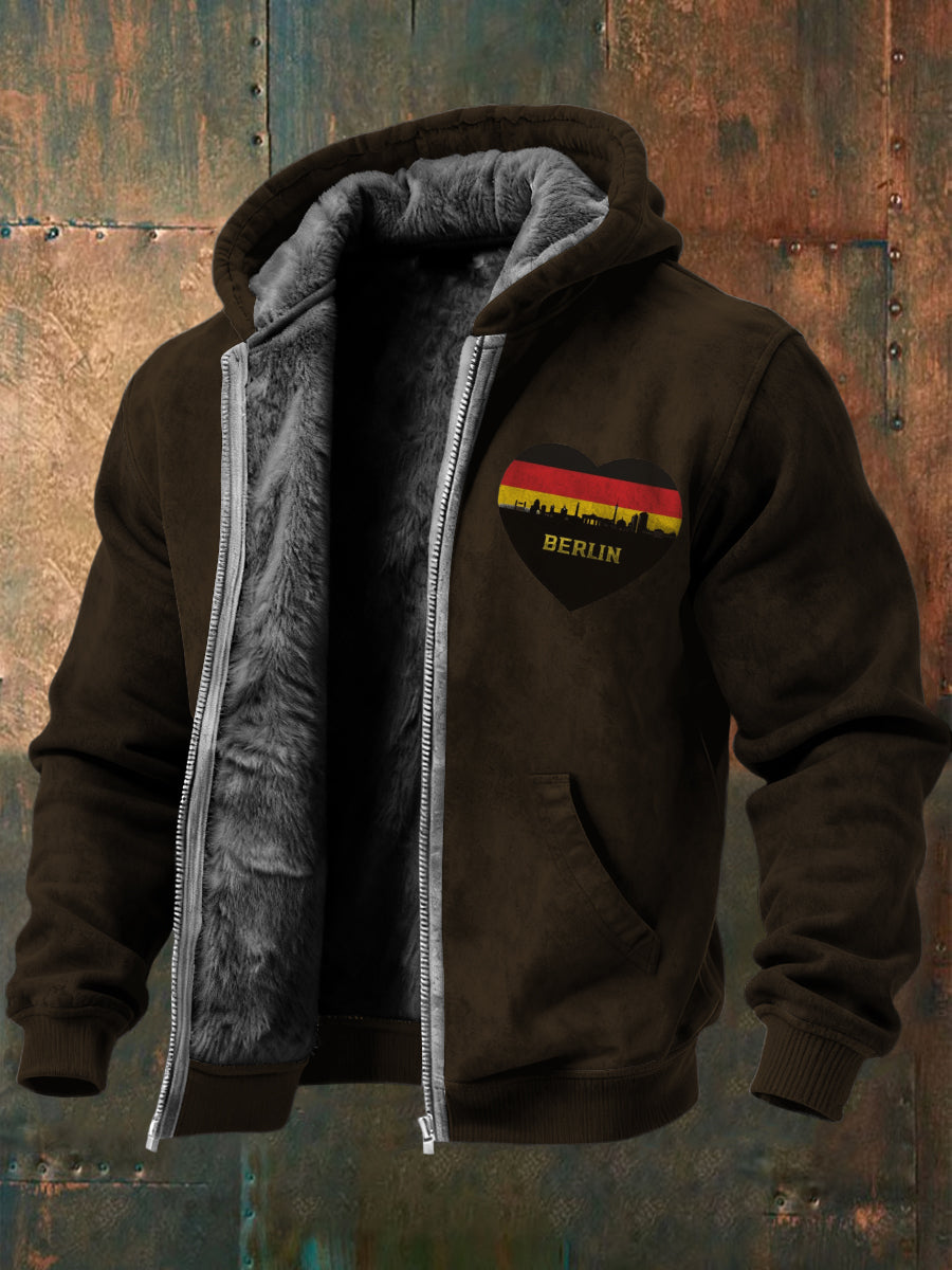 Herren Braun Berlin Herz & Skyline Print Fleece Ausgekleidet Kapuzen jacke