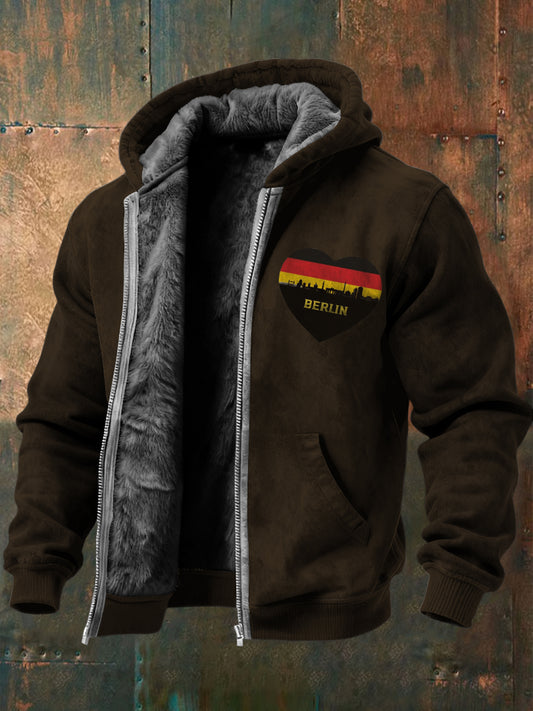 Herren Braun Berlin Herz & Skyline Print Fleece Ausgekleidet Kapuzen jacke