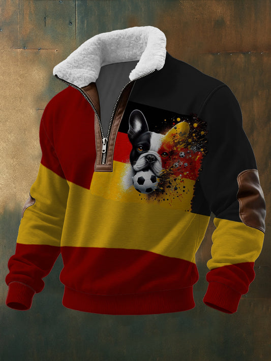 Herren-Farbblock Deutschland Fußball-Hunde druck Sherpa-mit Quarter-Reiß verschluss-Sweatshirt