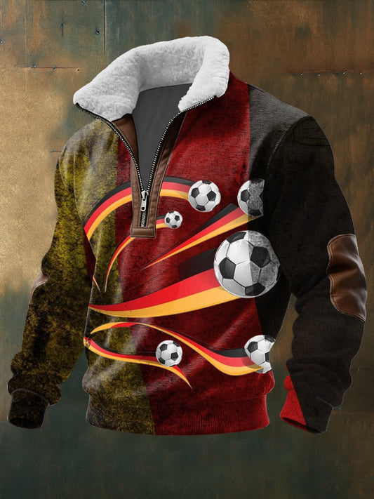 Herren Vintage Deutschland Fußball muster mit Sherpa-Auskleidung mit Viertel-Reiß verschluss Sweatshirt