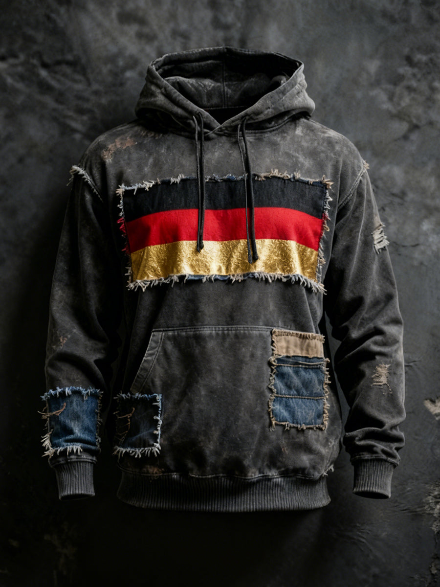 Herren Denim-Patched Deutschland Flagge Distressed Hoodie