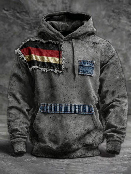 Männer Asymmetrische Deutschland Flagge Denim-Patch Hoodie