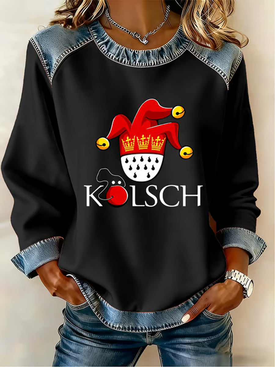 Damen-Kölner Karneval bedrucktes Jeans-Patchwork-Top
