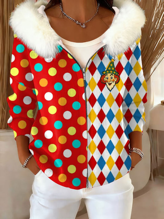 Damen Kölner Karneval Bedrucktes Reiß verschluss Pelz kragen Top