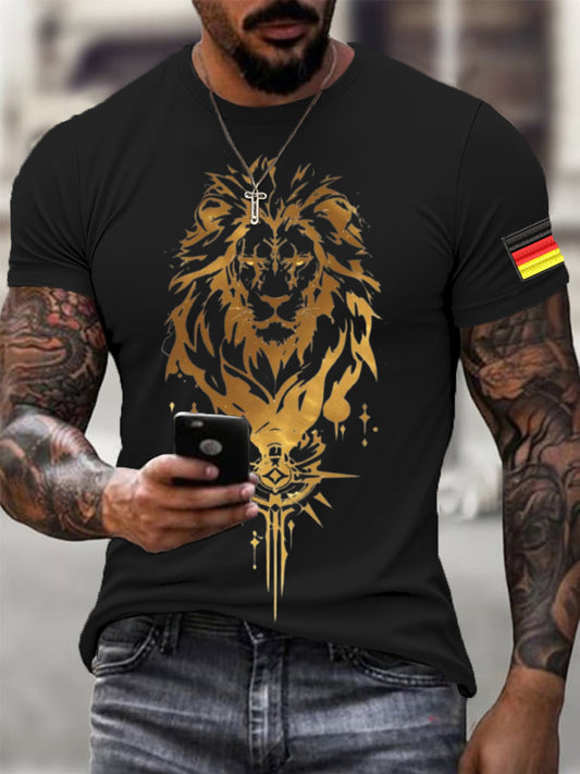 Männer auffallendes Gold Löwe & deutsche Flagge Druck T-Shirt