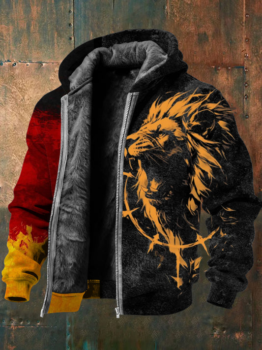 Herren Markante Orange Lion & Thorn Print Sherpa Ausgekleidet Jacke