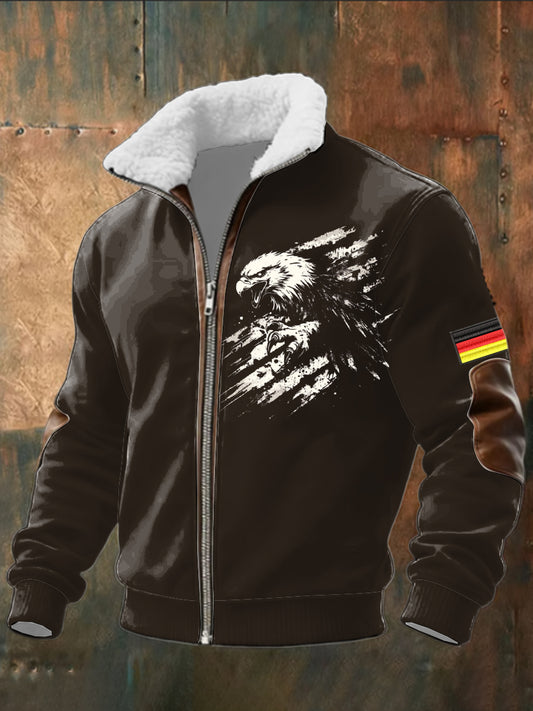 Herren Edgy Distressed Eagle & Deutschland Flagge Print Sherpa Kragen Jacke