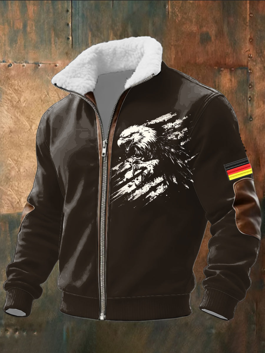 Herren Edgy Distressed Eagle & Deutschland Flagge Print Sherpa Kragen Jacke