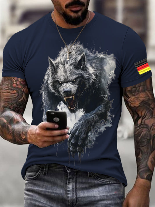 Männer heftiger Wolf & deutscher Flaggen druck Kurzarm-T-Shirt