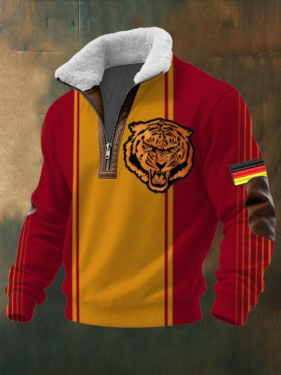 Herren Bold Rot-Gelb-Streifen Tiger Print Deutsche Flagge Sherpa Kragen Pullover Hoodie