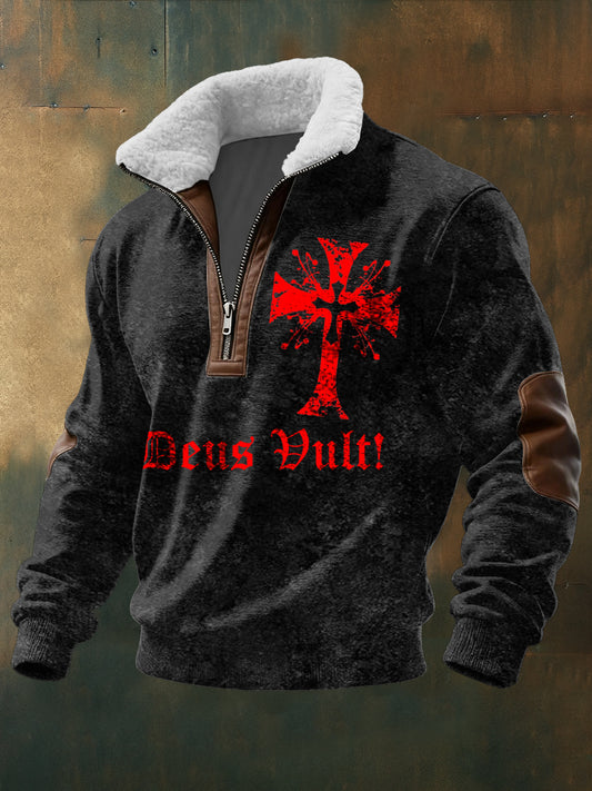 Herren rotes Eisernes Kreuz Armee Logo & Deus Vult! Kragen Hoodie