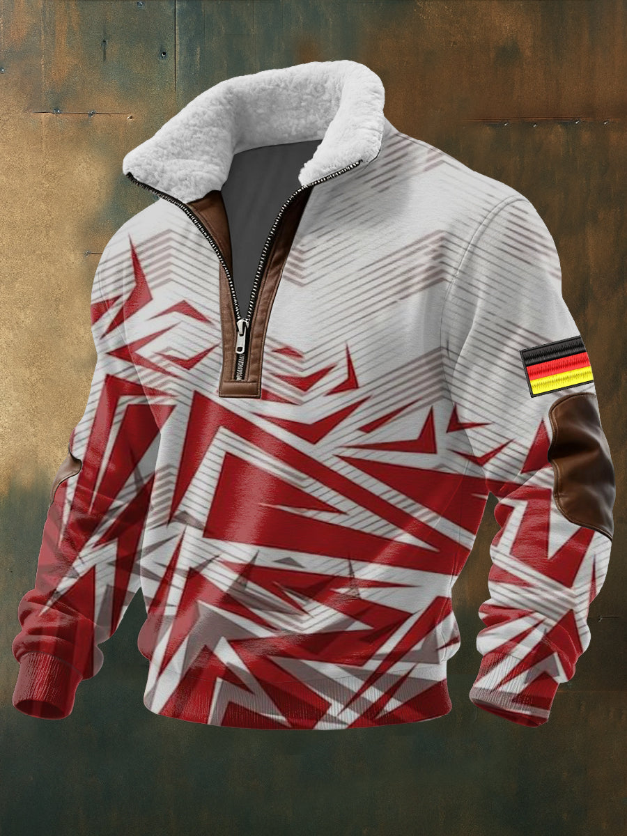 Herren Edgy Red-Geometrische Deutschland Flagge Print Sherpa Kragen Pullover