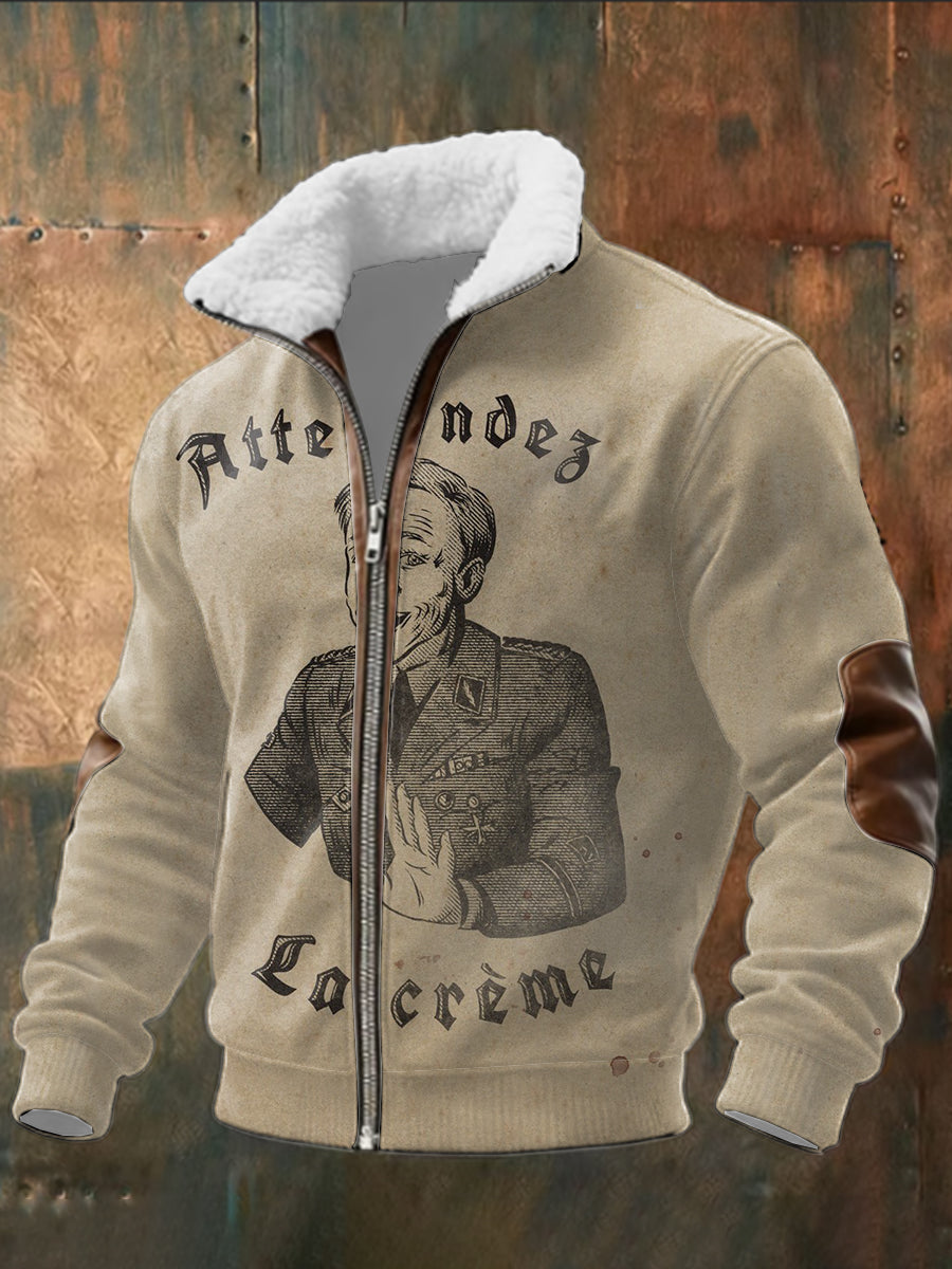 Herren Beige 'Hans Landa' Porträt Patchwork Shearling Kragen Jacke