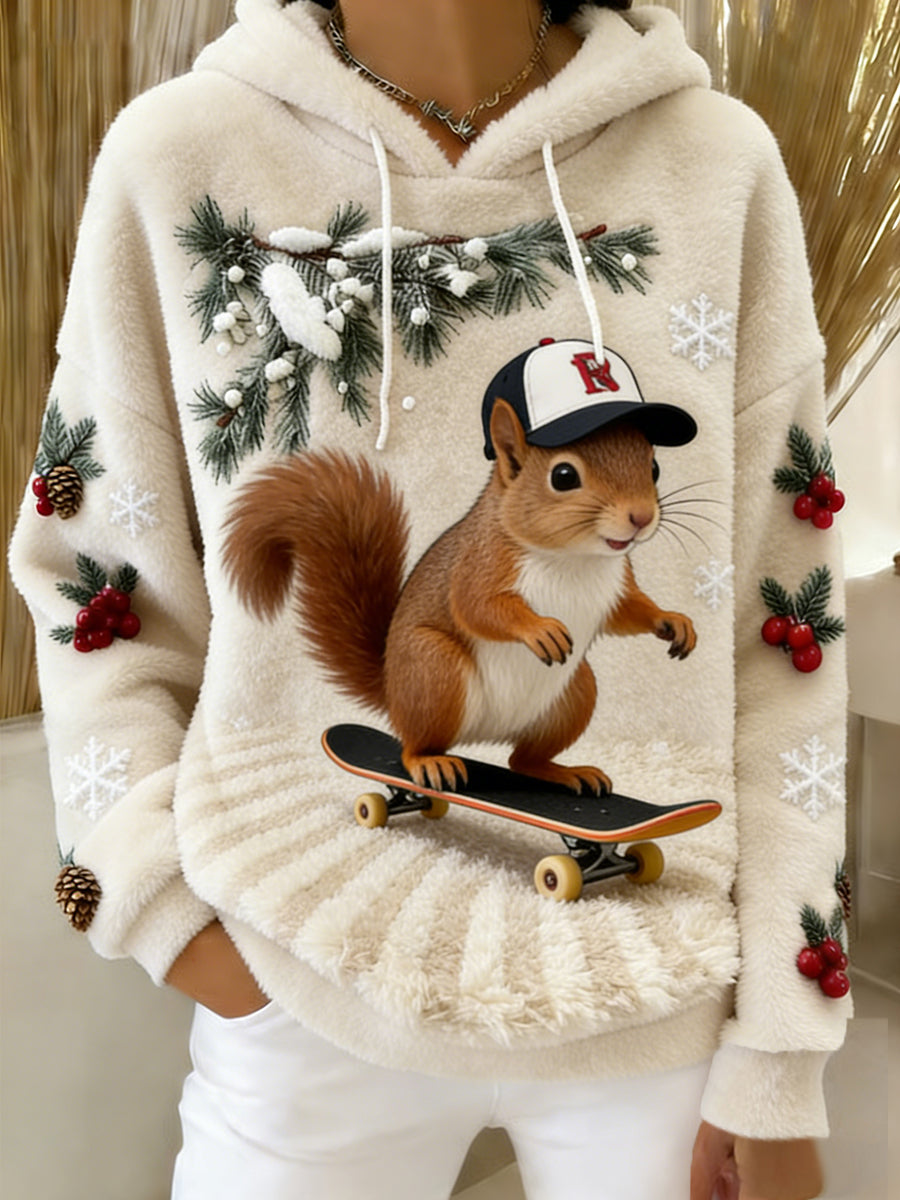 Damen Retro Tier Kunst Print Komfortables Flanell Kapuzen Sweatshirt