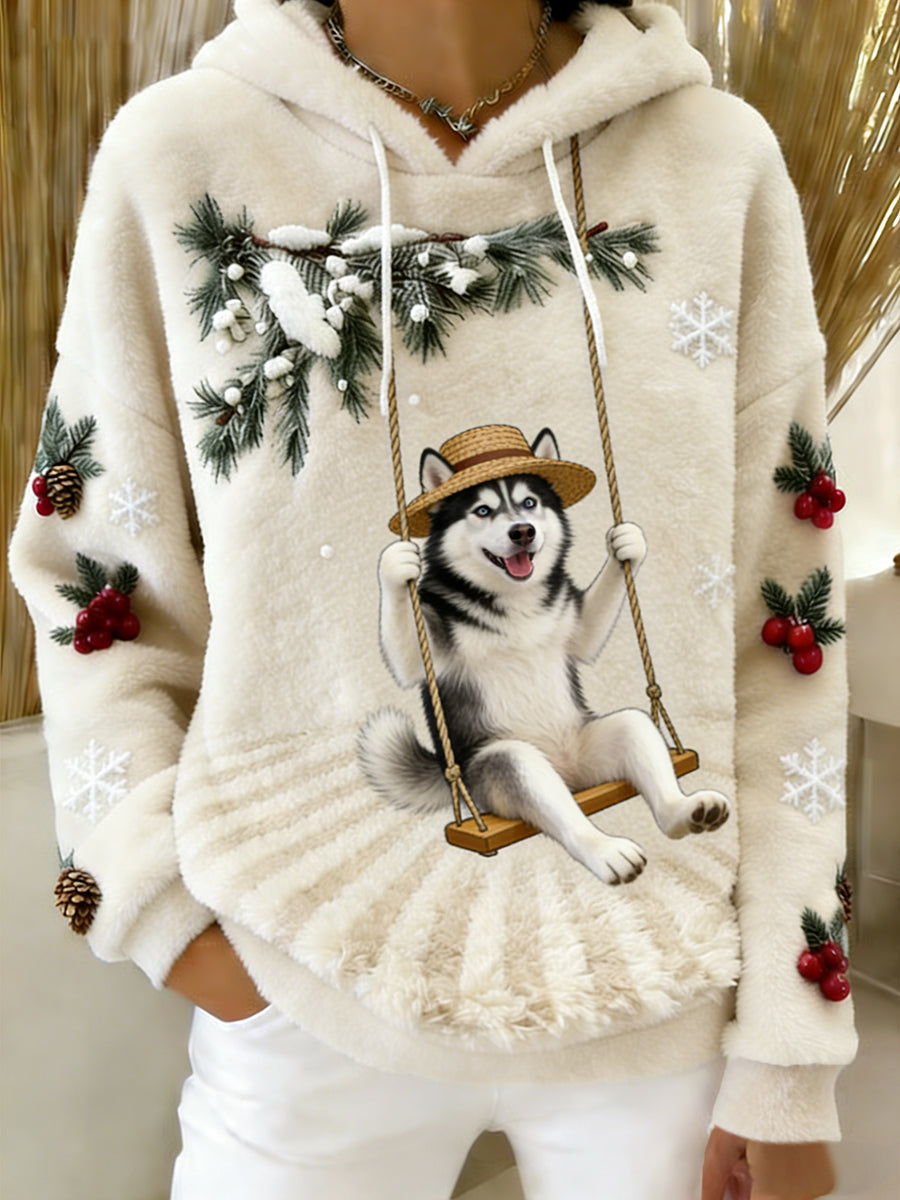 Damen Retro Tier Kunst Print Komfortables Flanell Kapuzen Sweatshirt