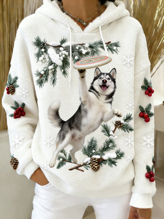 Damen Retro Tier Kunst Print Komfortables Flanell Kapuzen Sweatshirt