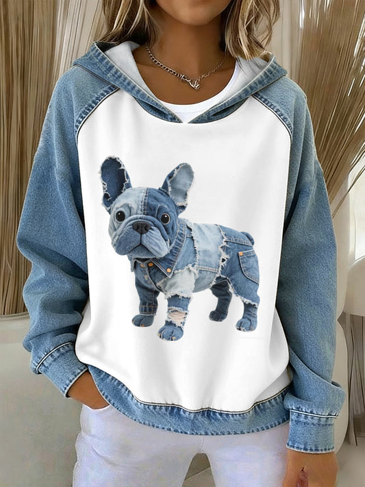 Damen schöne französische Bulldogge Muster Denim Patchwork Hoodie
