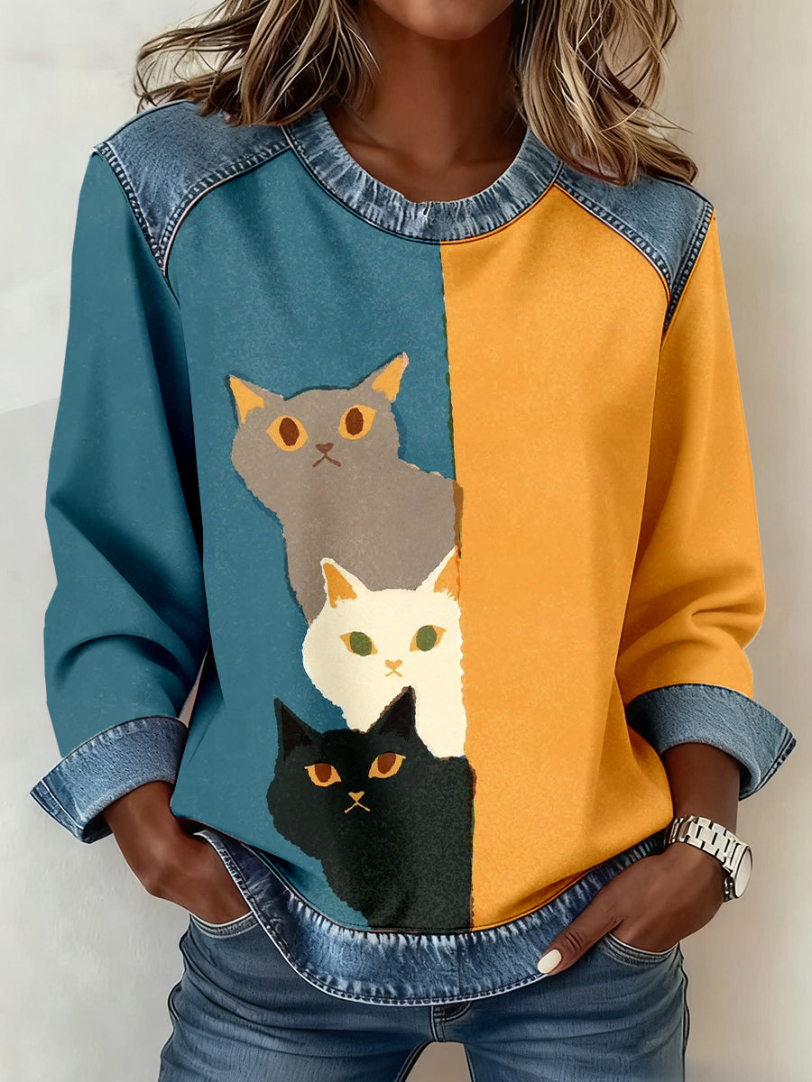 Damen-Sweatshirt mit süßem Katzen druck Denim-Patchwork