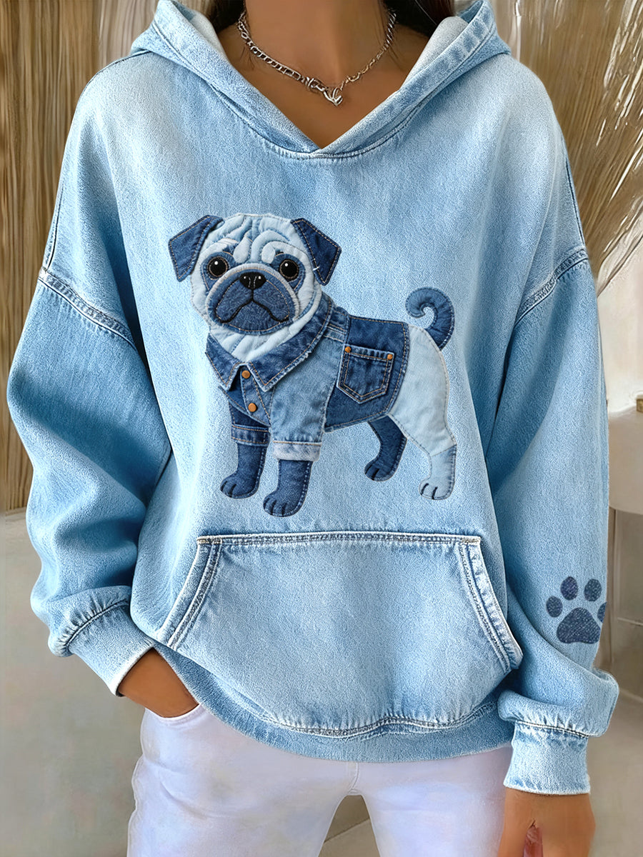 Frauen schöne Mops Hund Denim Patchwork Muster Hoodie