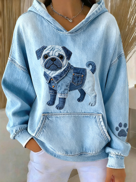Frauen schöne Mops Hund Denim Patchwork Muster Hoodie