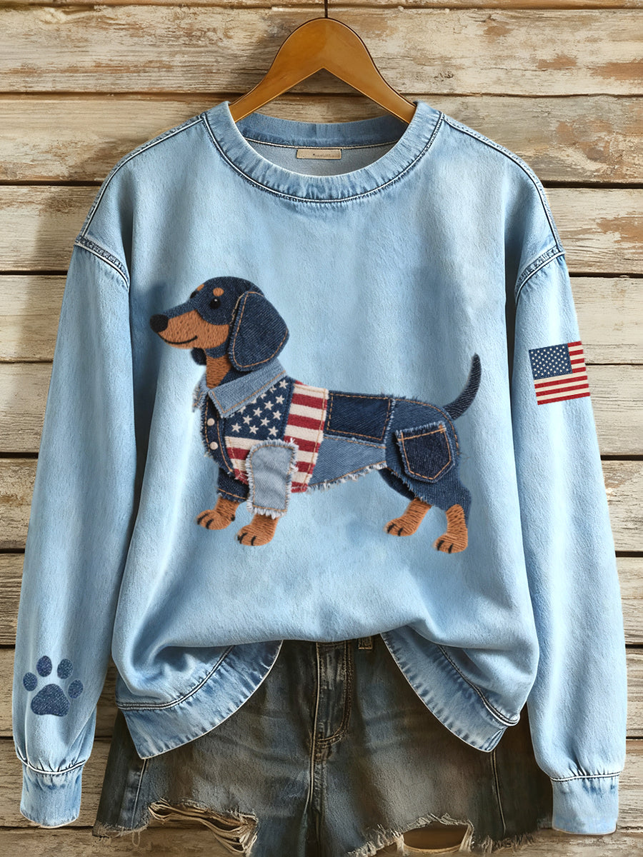 Frauen amerikanische Flagge inspirierte Dackel Hund Denim Patchwork Muster Sweatshirt