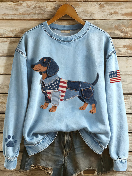 Frauen amerikanische Flagge inspirierte Dackel Hund Denim Patchwork Muster Sweatshirt