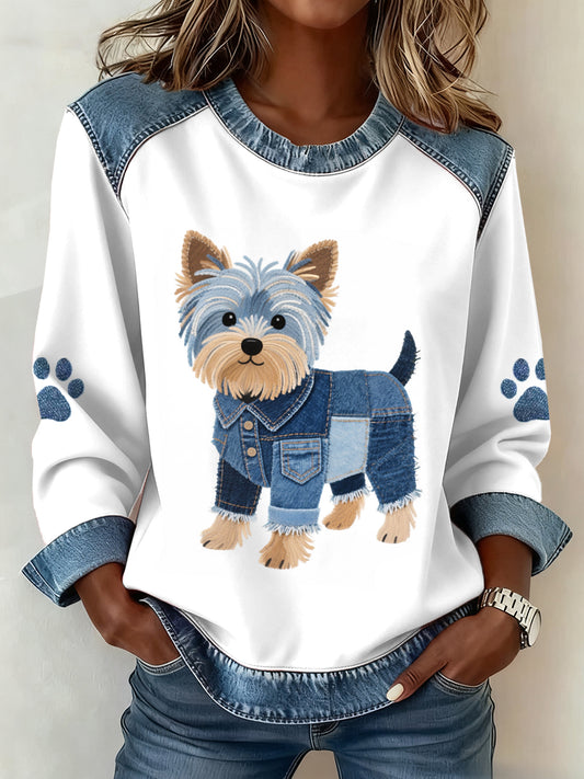 Damen schöne Yorkshire Terrier Hunde muster Denim Patchwork Sweatshirt
