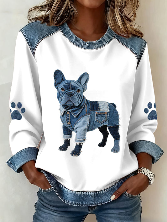 Damen schöne französische Bulldogge Muster Denim Patchwork Sweatshirt