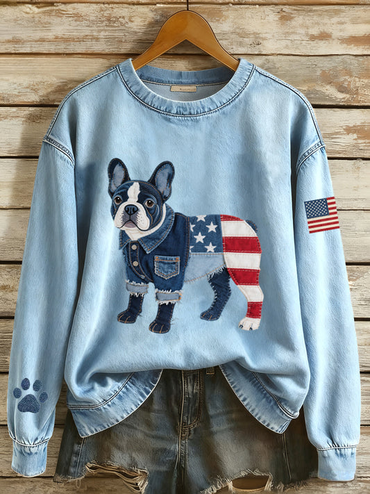 Frauen amerikanische Flagge inspirierte französische Bulldogge Denim Patchwork Muster Sweatshirt