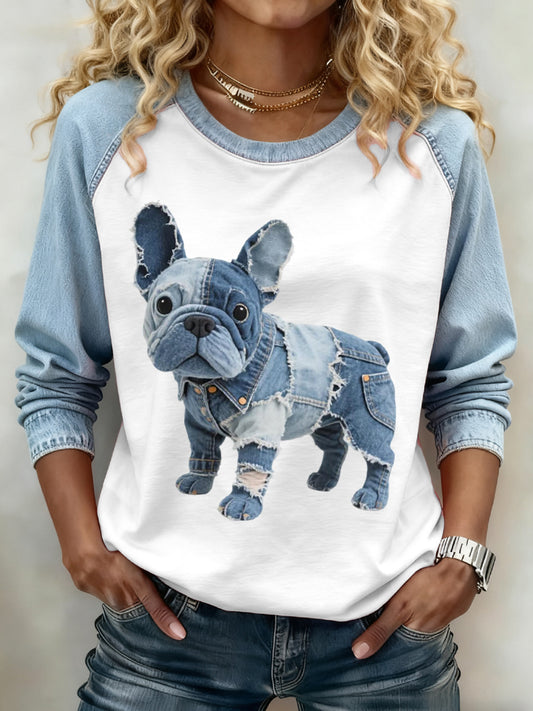 Damen schöne französische Bulldogge Muster Denim Patchwork Sweatshirt