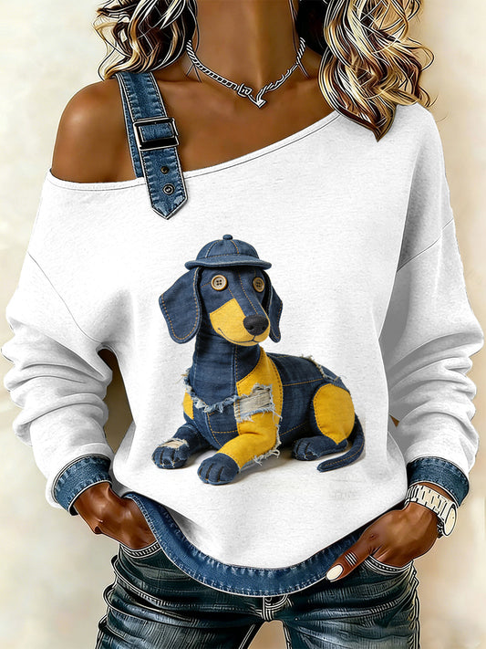 Damen Vintage Hund Patchwork Print lässig schulter freies Sweatshirt