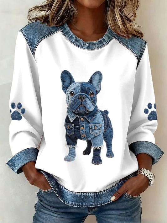 Damen schöne französische Bulldogge Muster Denim Patchwork Sweatshirt