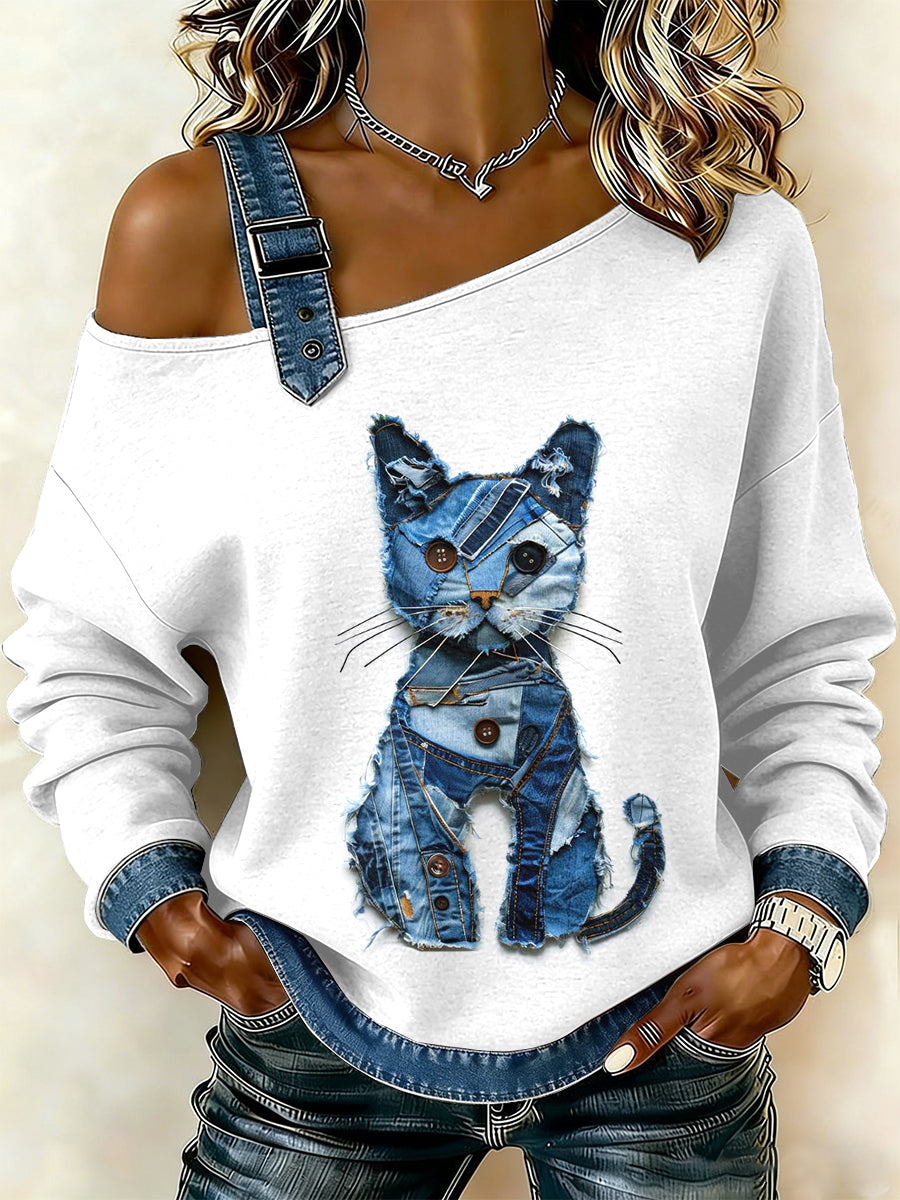 Damen Vintage Cat Patchwork Print lässig schulter freies Sweatshirt