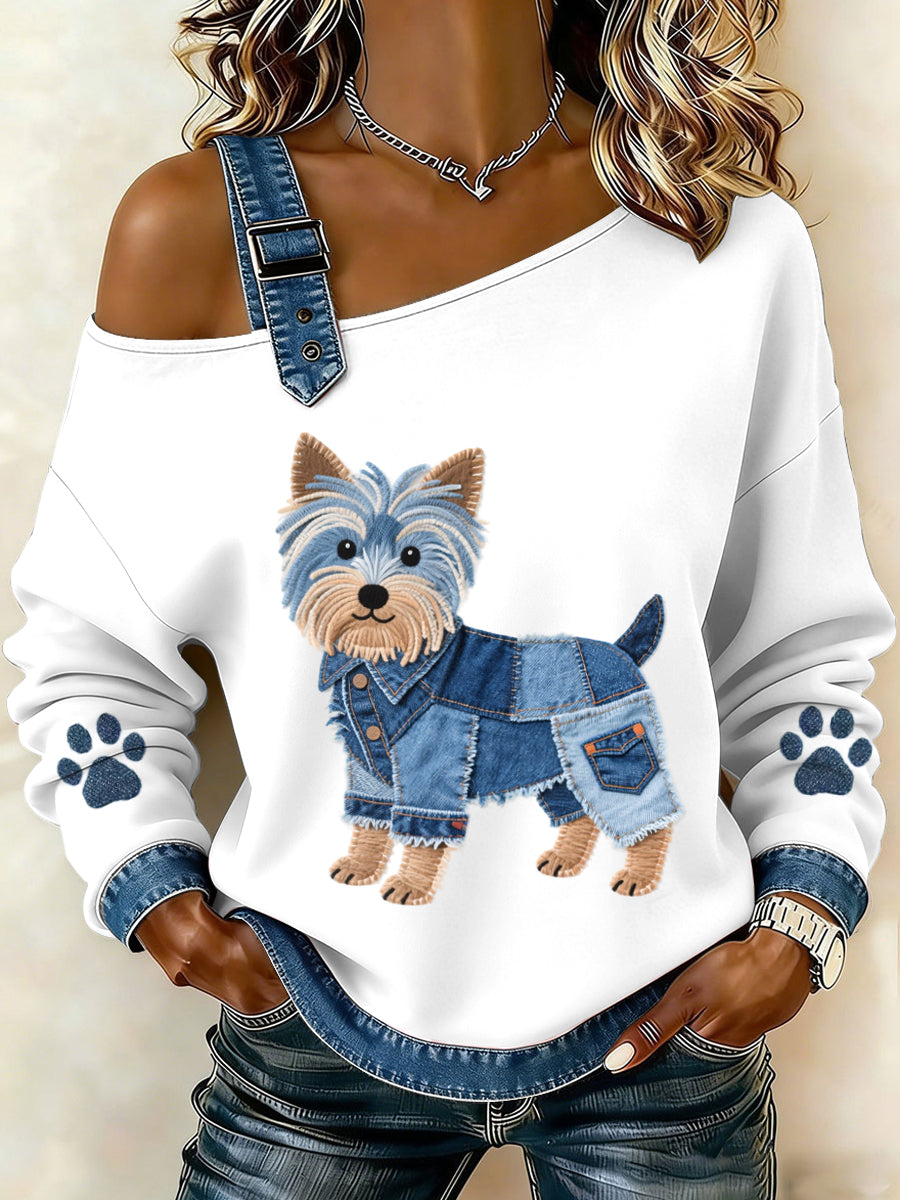 Damen Lovely Yorkshire Terrier Muster Denim Patchwork Top