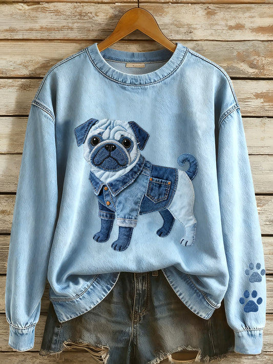 Damen-Pug-Hunde-Denim-Patchwork-Muster-Sweatshirt