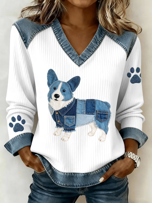 Damen Lovely Corgi Hunde muster Denim Patchwork V-Ausschnitt Top