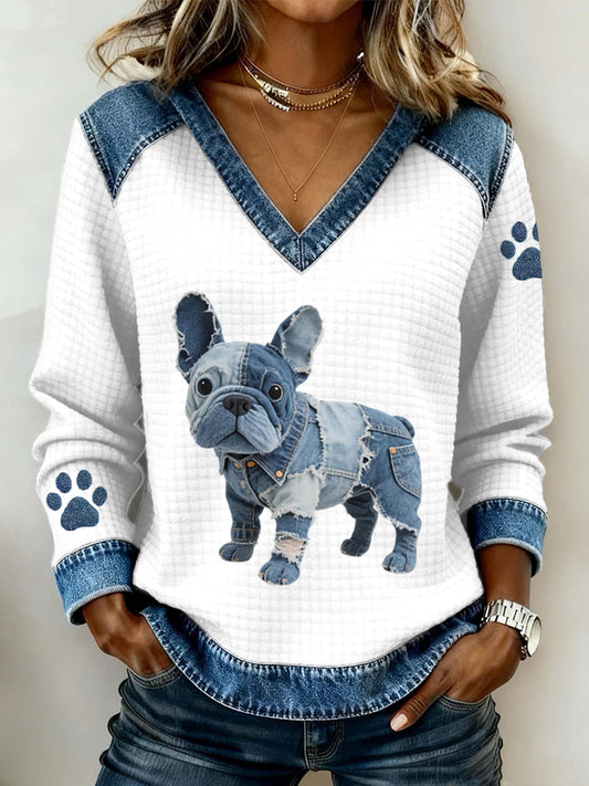 Damen schöne französische Bulldogge Muster Denim Patchwork V-Ausschnitt Top
