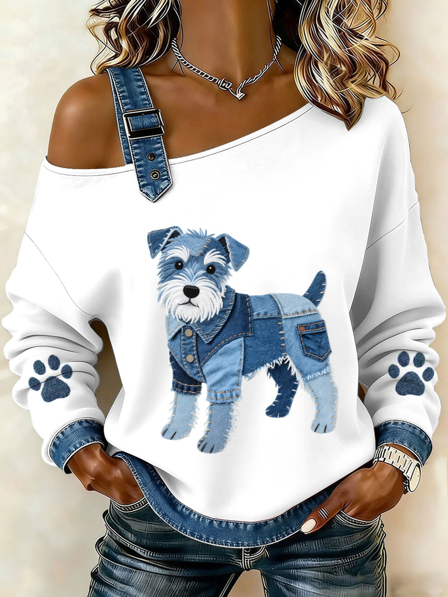 Damen-Schnauzer-Hunde muster Denim-Patchwork-Top
