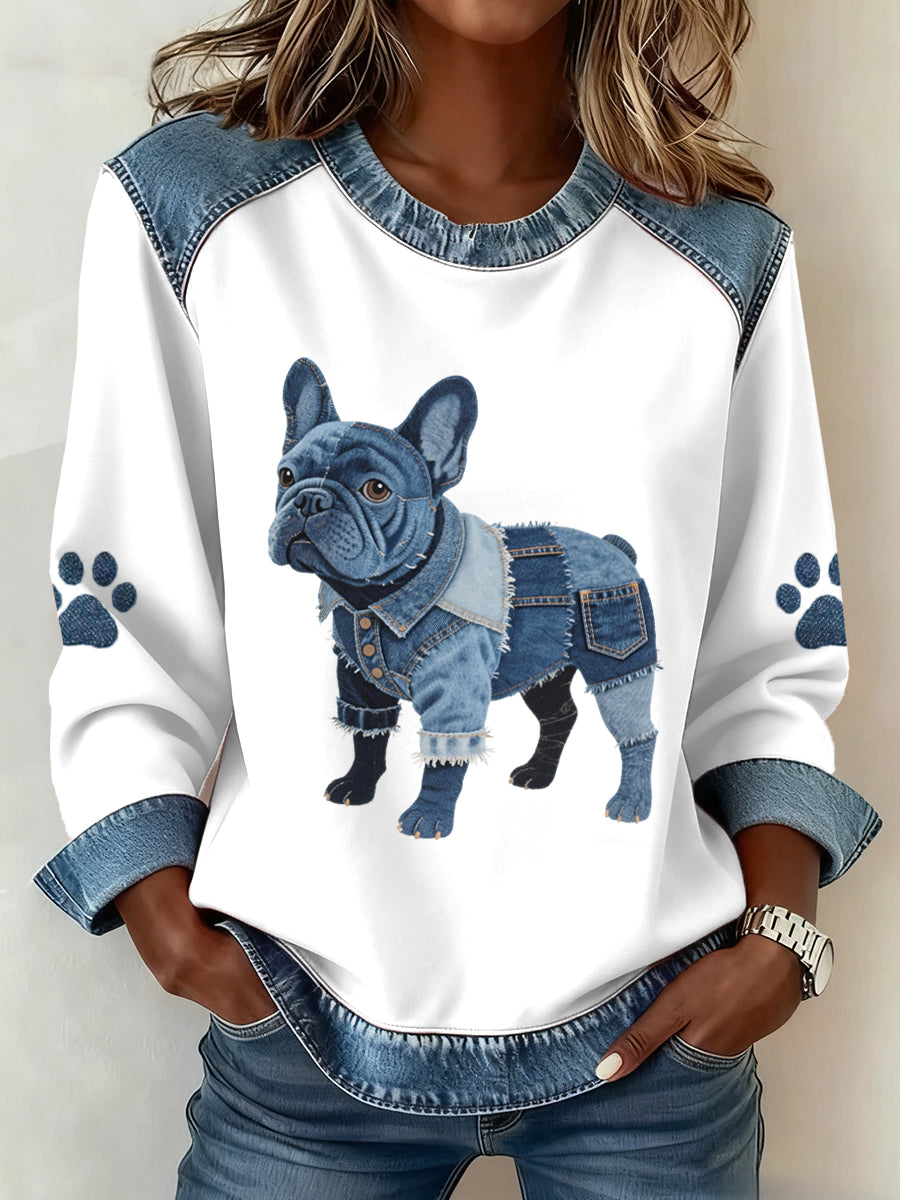 Damen schöne französische Bulldogge Muster Denim Patchwork Sweatshirt