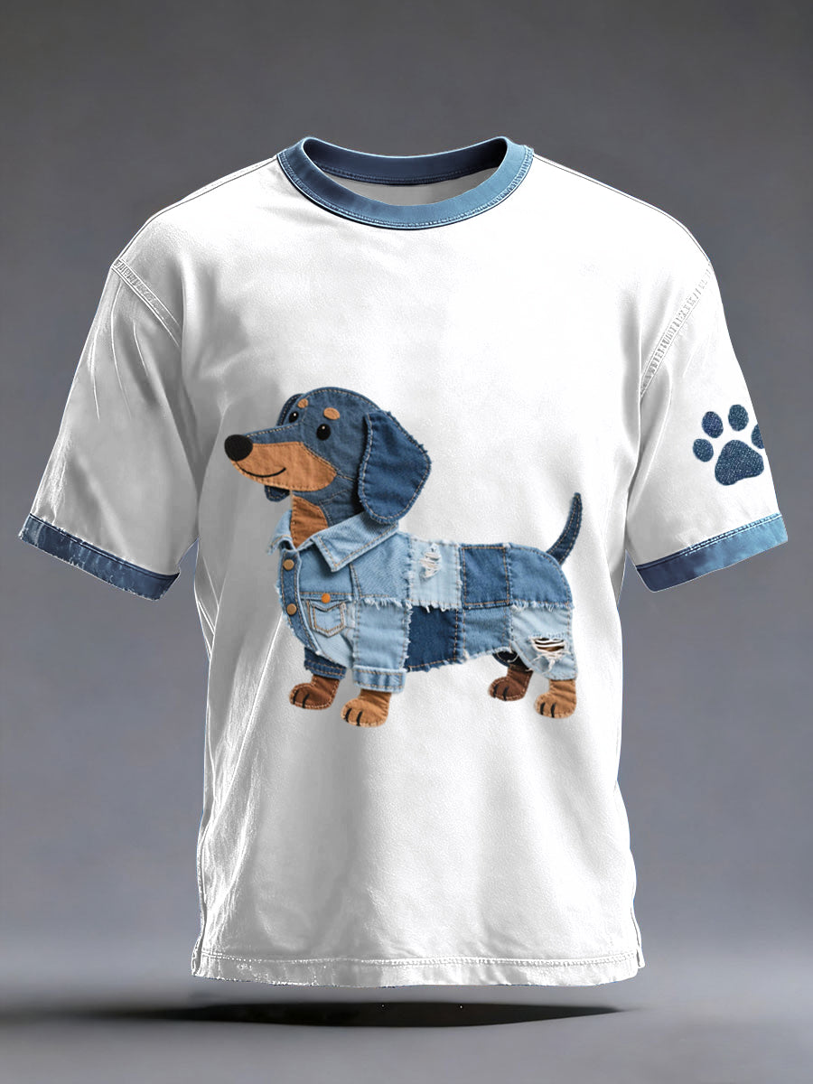 Herren Denim Patchwork Kunst Dackel Hunde muster gewaschen T-Shirt