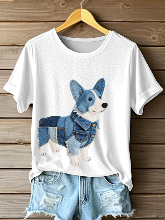 Frauen schöne Corgi Hund Denim Patchwork Muster T-Shirt